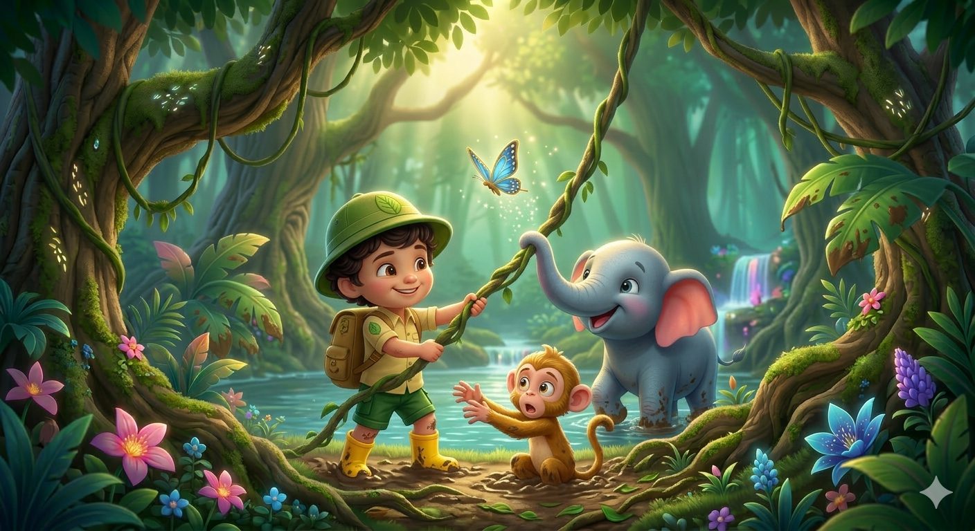 Arin and friends discovering a vine bridge in the jungle