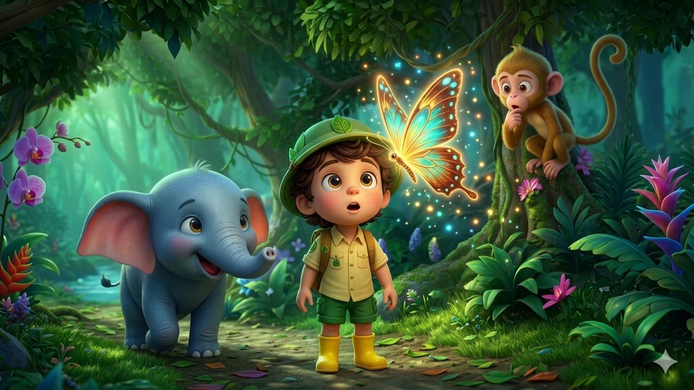 Arin looks in wonder at a glowing butterfly landing on his hat