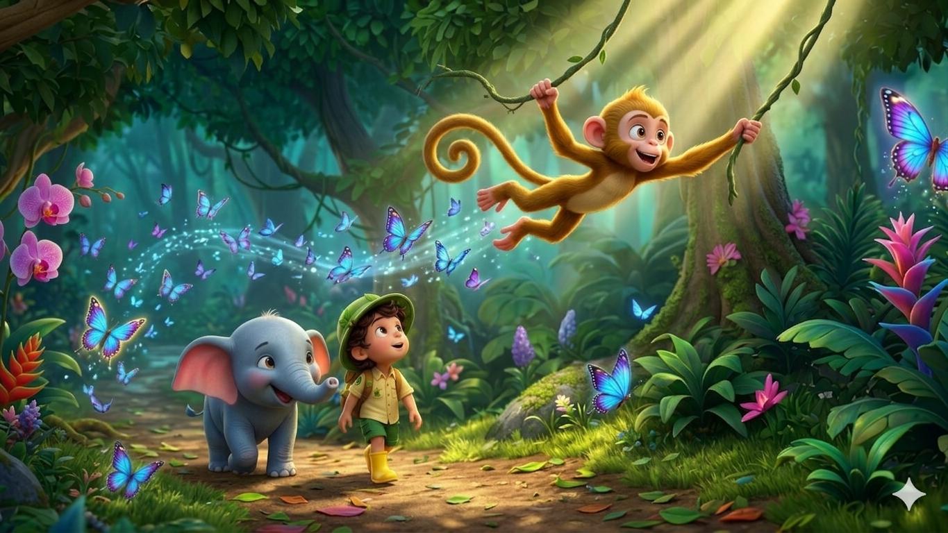 The monkey swinging on vines above Arin and his elephant friend