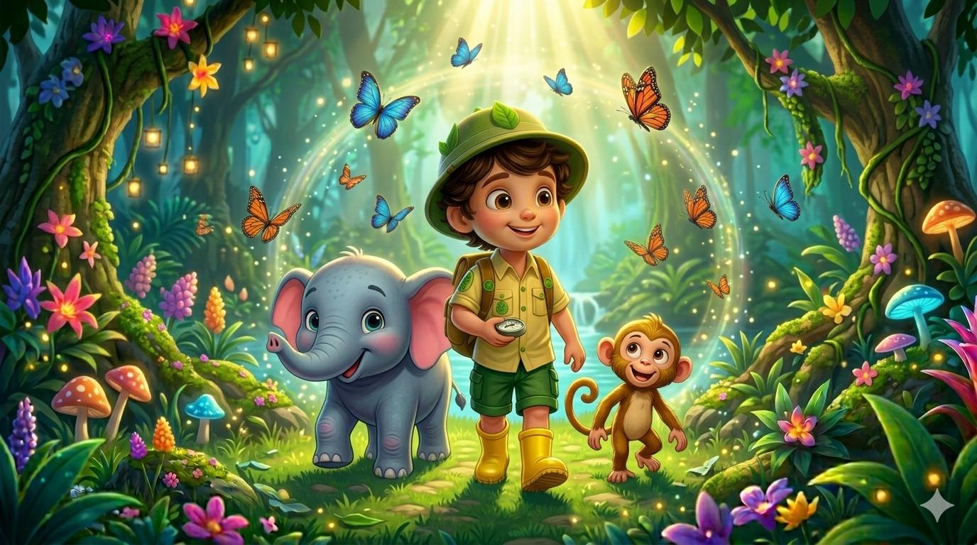 Arin exploring the magical jungle with his elephant and monkey friends
