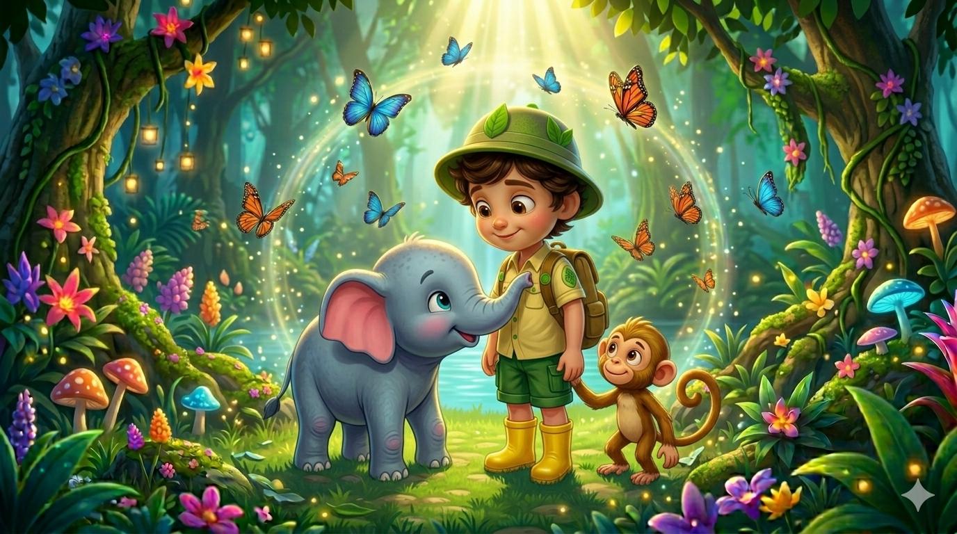 Arin and his friends walking together through the magical jungle