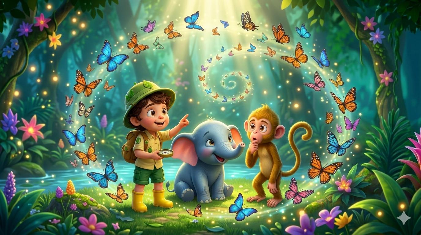 Arin pointing to swirling butterflies with the elephant and monkey watching in awe