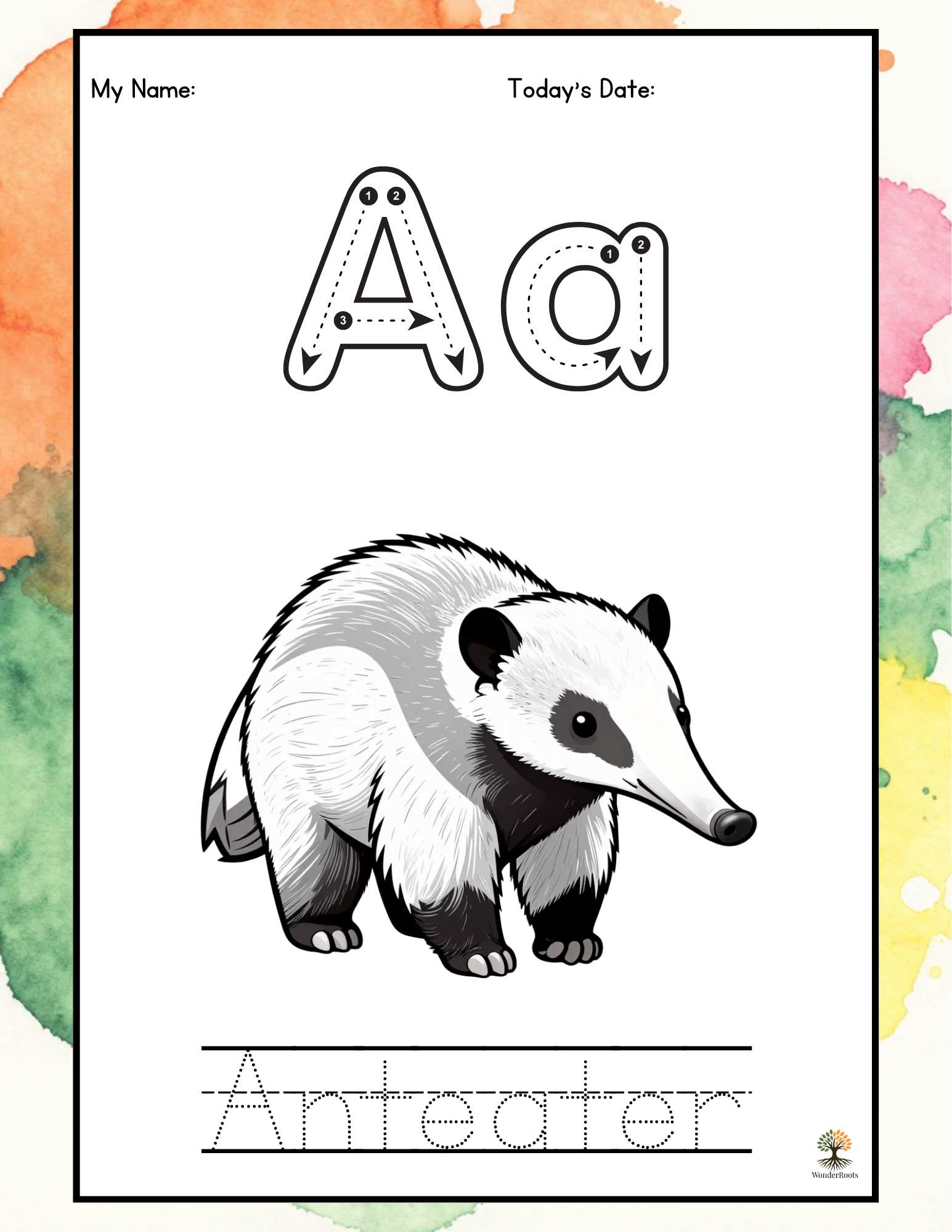 Sample page A — letter tracing and coloring activity from Arin's A-Z Animal Adventure