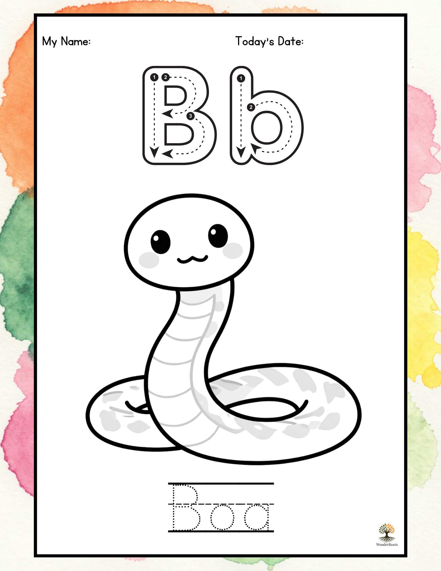 Sample page B — letter tracing and coloring activity from Arin's A-Z Animal Adventure