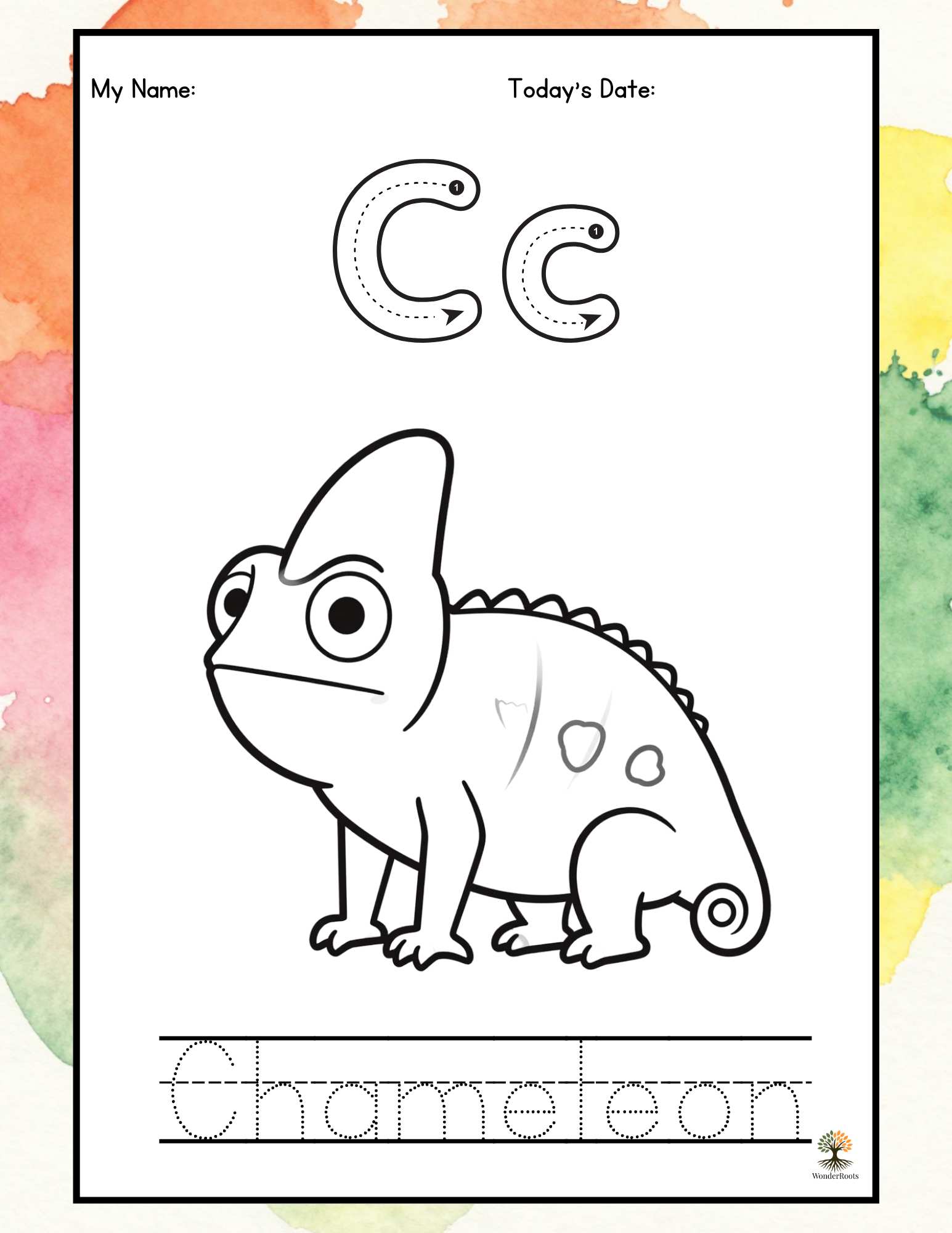 Sample page C — letter tracing and coloring activity from Arin's A-Z Animal Adventure