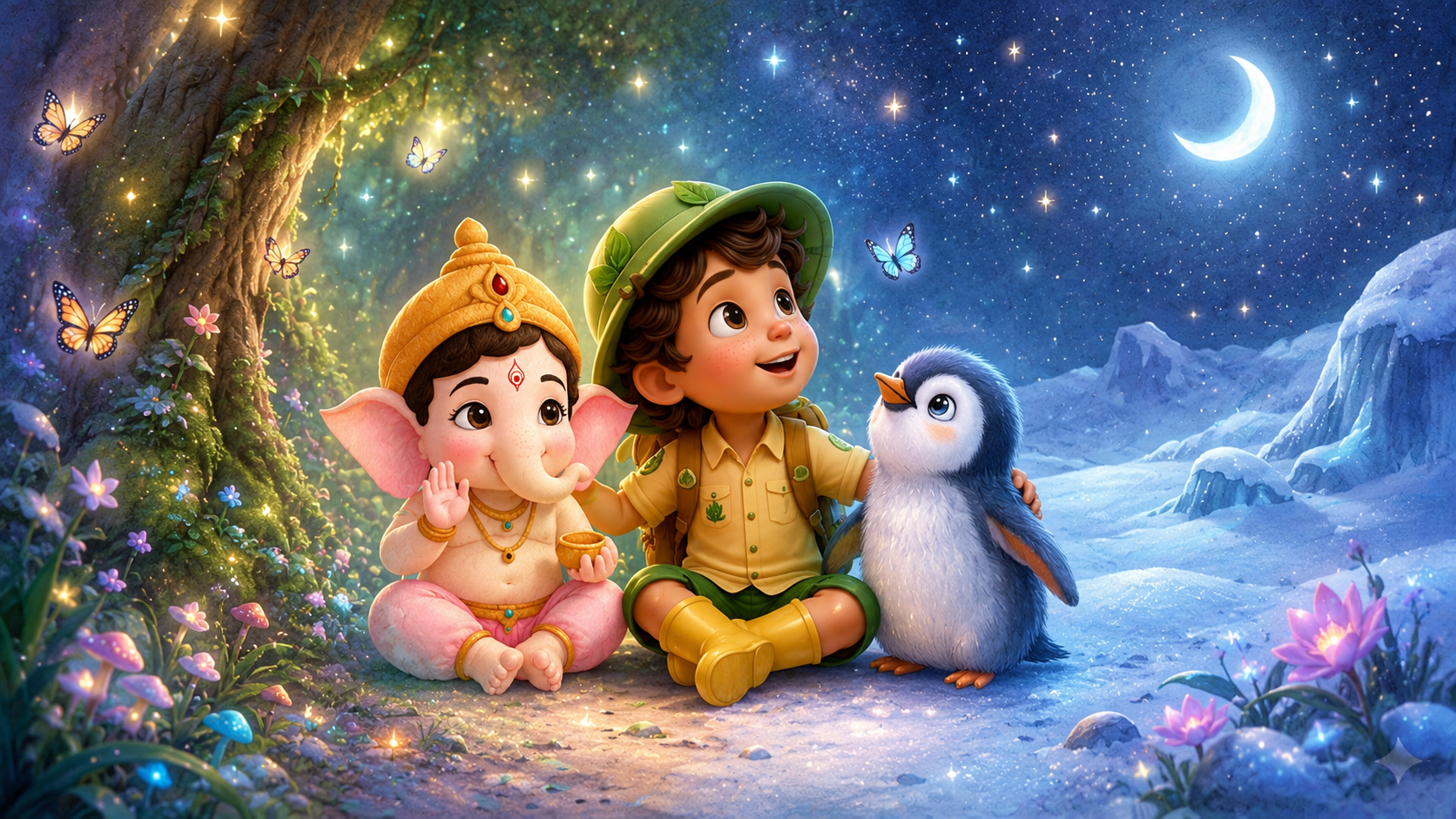 Arin, Little Ganesha, and Piku — the WonderRoots Kids characters exploring together