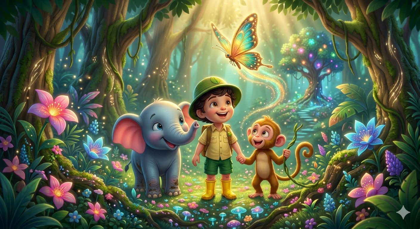 Arin the explorer, Ganesh the elephant, and their monkey friend in a magical jungle — WonderRoots Kids